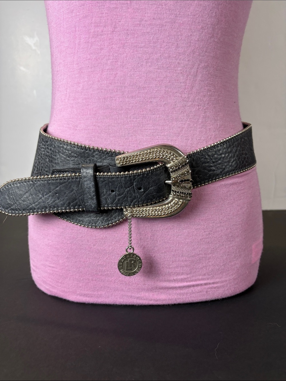 Leatherrock Wide Genuine Leather Waist Belt Silver Stud Rhinestone Buckle USA